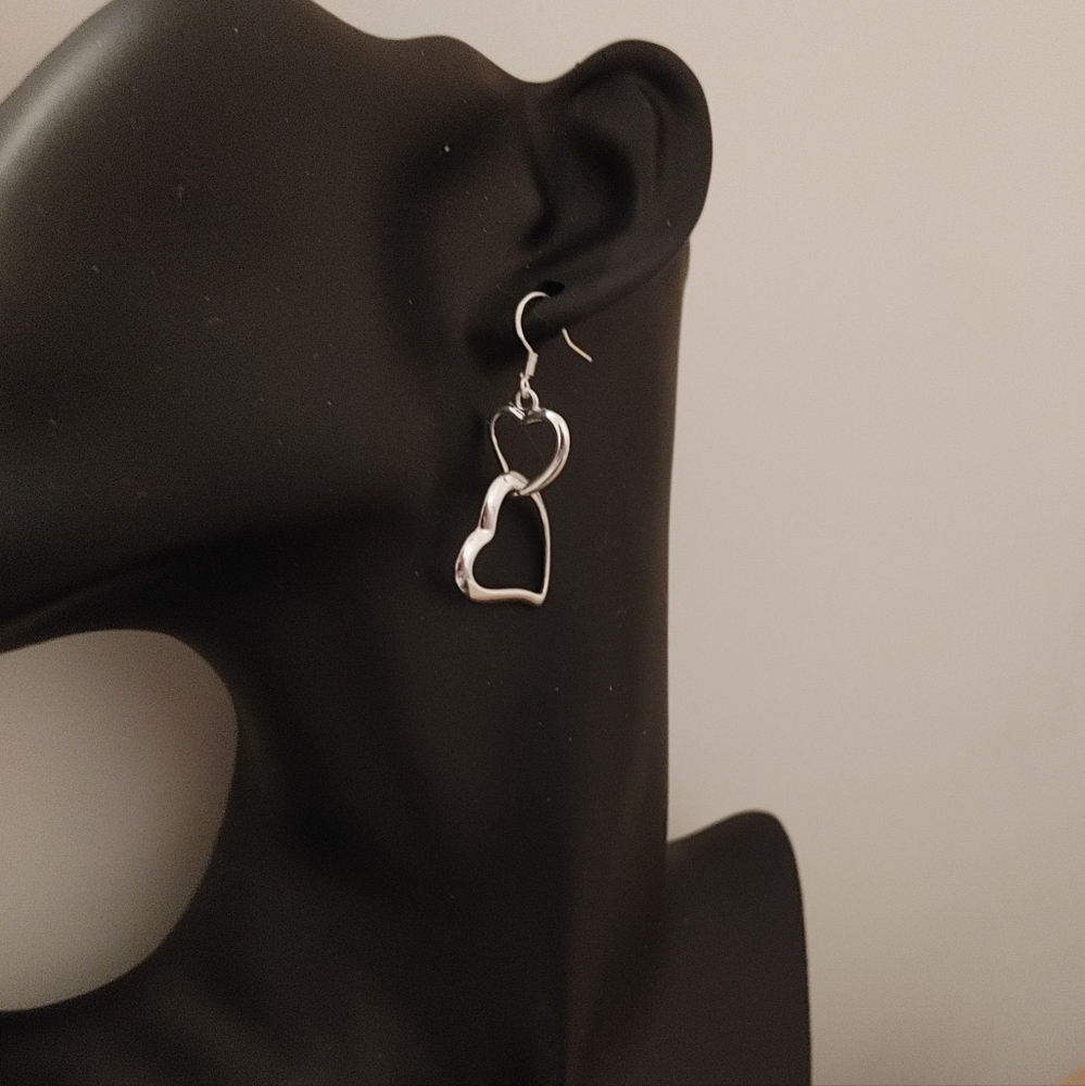 New! Sterling silver plated double heart drop earrings.